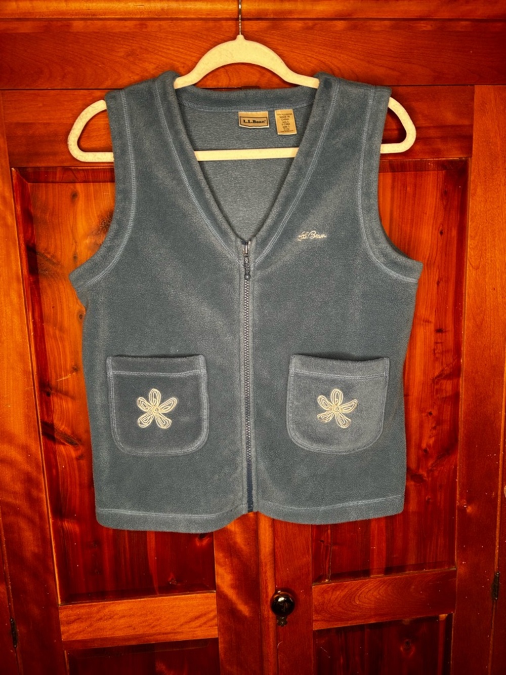 L.L. Bean Vintage Fleece Zip Front Vest with Floral Pocket Accents Cabincore